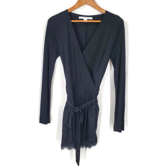Diane Von Furstenberg Tillie Black Romper Lace Slinky Material Wrap Pockets SZ 8 - Picture 6 of 12
